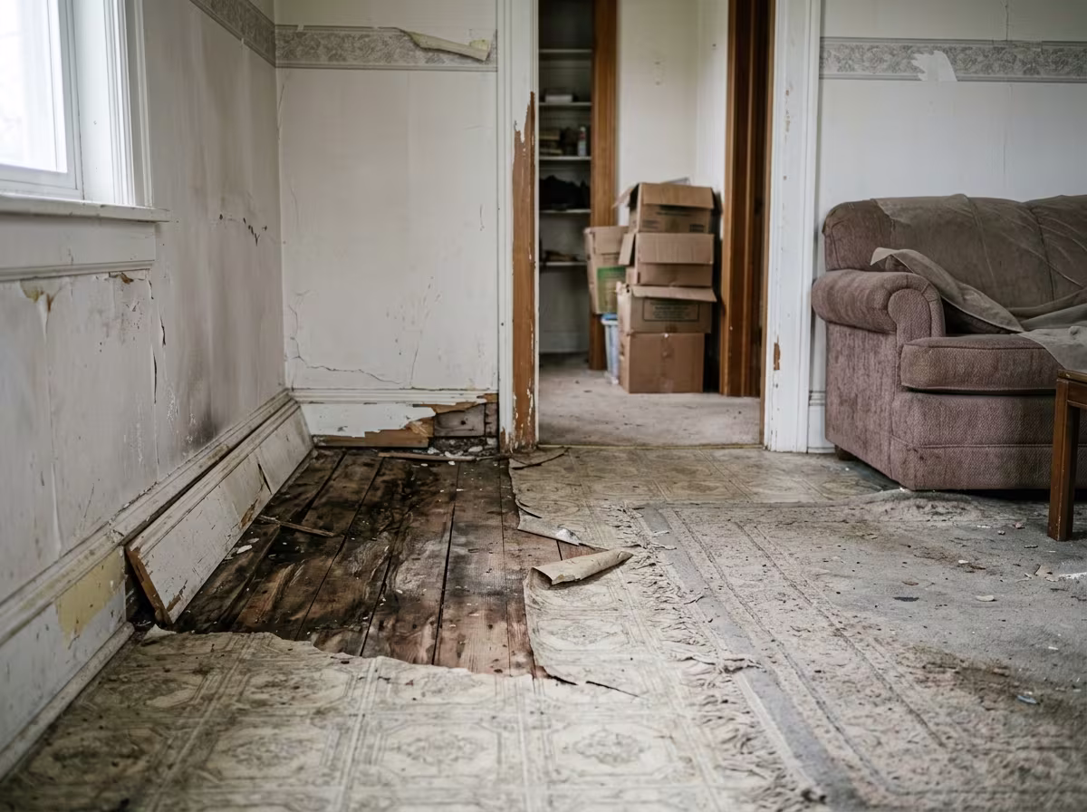 Deteriorated wood framing and carpentry before repair