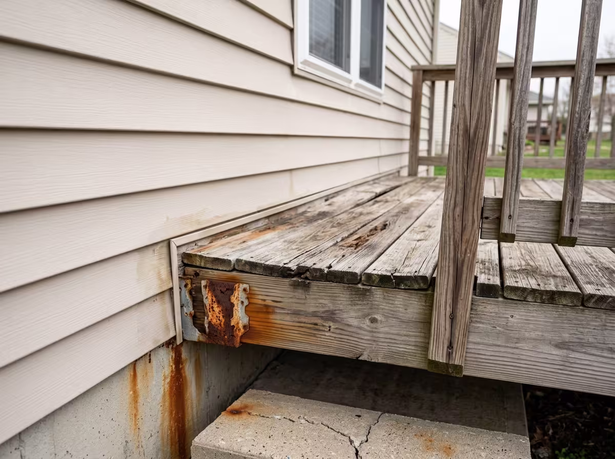 Deteriorated deck showing rot and structural damage
