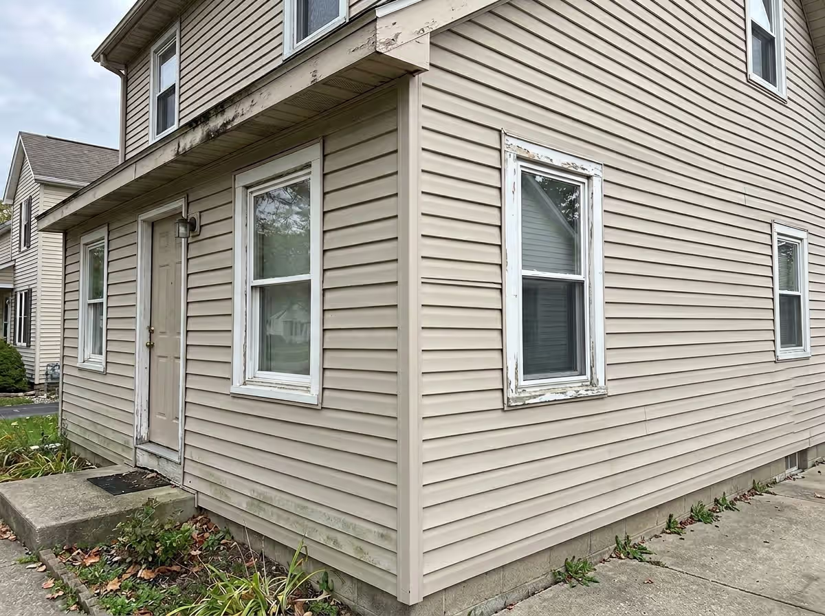 Property exterior showing siding damage and wear